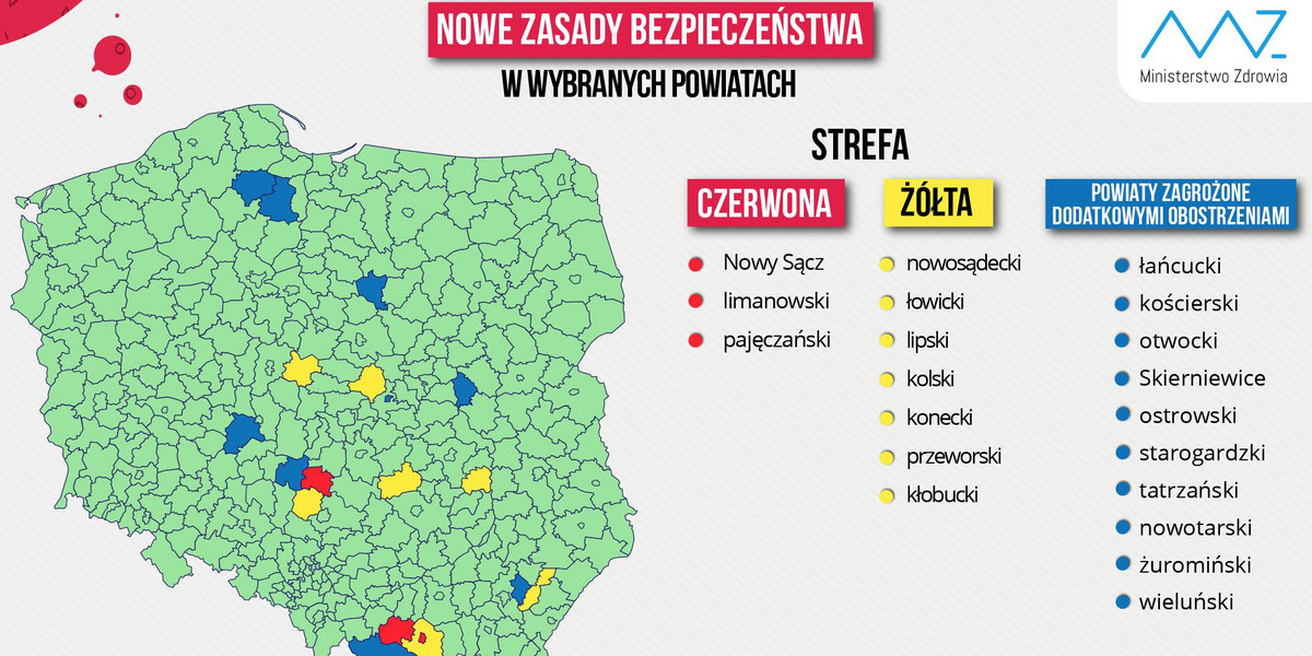 Lista powiatów objętych strefami czerwonymi i żółtymi obowiązująca od 5 września