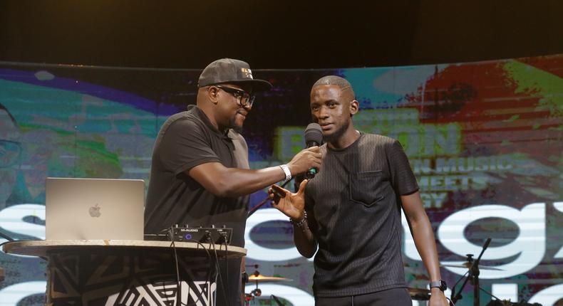 Digital content creator and comedian, Uncle Mo on stage with Swangz Avenue's Benon Mugumbya