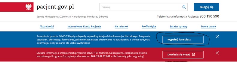 Krok pierwszy: po wejściu na stronę pacjent.gov.pl zobaczymy link do formularza, który należy wypełnić przed zapisaniem się na szczepienie