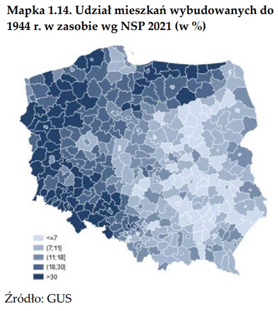 Na mapie Polski wyraźnie widać, gdzie jest najwięcej mieszkań wybudowanych przed 1944 r.