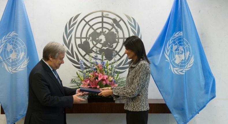New US Ambassador to the United Nations Nikki Haley hands her credentials to UN Secretary-General Antonio Guterres