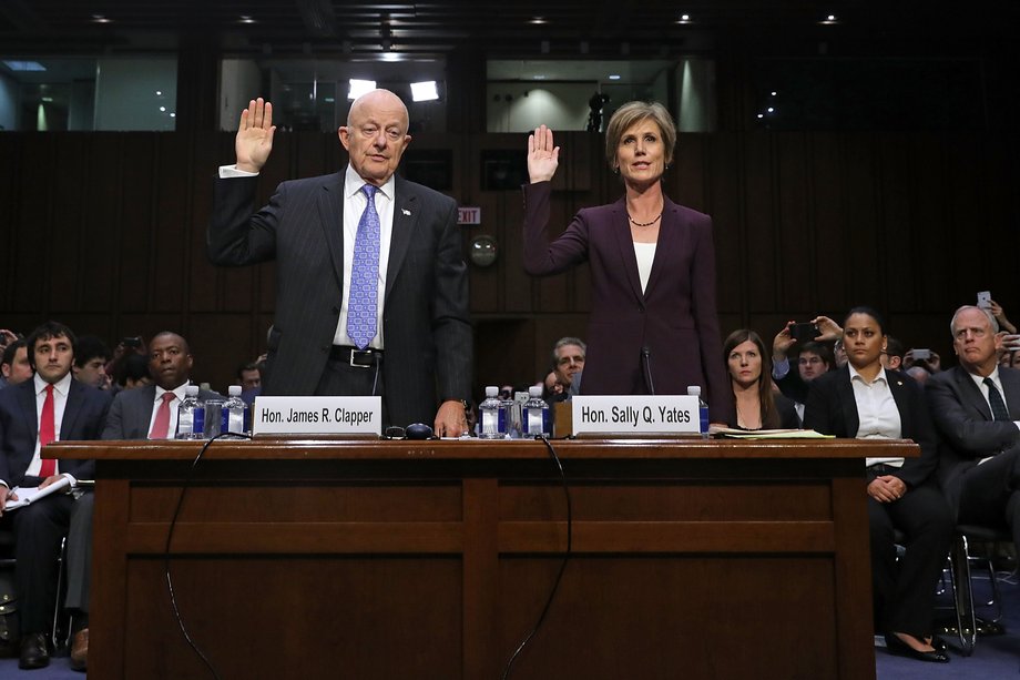 MAY 08: Former Director of National Intelligence James Clapper (L) and former acting U.S. Attorney General Sally Yates are sworn in before testifying to the Senate Judiciary Committee's Subcommittee on Crime and Terrorism in the Hart Senate Office Building on Capitol Hill May 8, 2017 in Washington, DC.