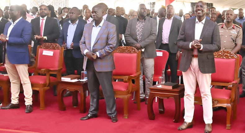President William Ruto and his deputy, Rigathi Gachagua at Kanyipir, Homa Bay County, during the thanksgiving ceremony of Interior PS Raymond Omollo on July 15, 2023