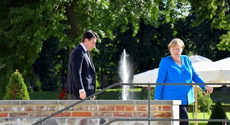 On the same side of the fence: Conte and Merkel at the German governmental guest house in Meseberg, outside Berlin, on Monday