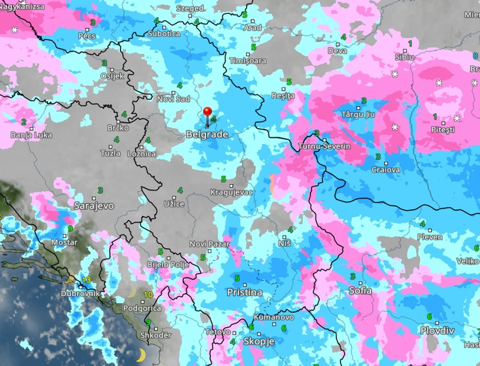 Kretanje kiše i snega sutra u 17 časova
