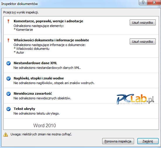MS Word 2010 – raport Inspektora dokumentów