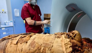 A medical radiology technician prepares a CT scan of mummified remains.REUTERS/Flavio Lo Scalzo