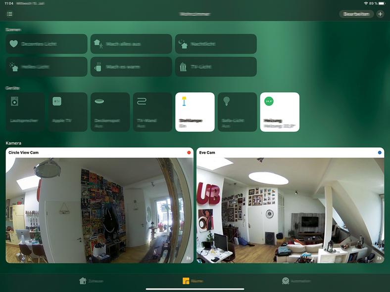 Kamery HomeKit na iPadzie: aplikacja Home obok zsieciowanego oświetlenia i głośników pokazuje również obraz z podglądu kamer