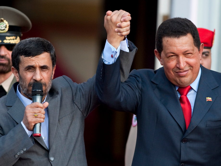 Former Iranian President Mahmoud Ahmadinejad and former Venezuelan President Hugo Chavez.