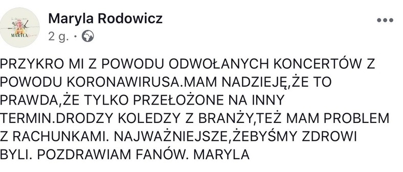 Maryla Rodowicz o koronawirusie