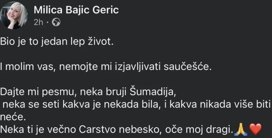 Objava ćerke Andrije Bajića