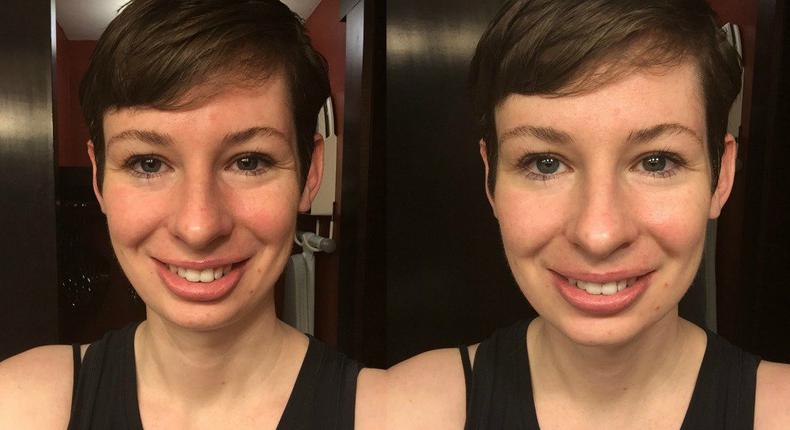 Visual effect of applying primer on the face. (Before and after)
