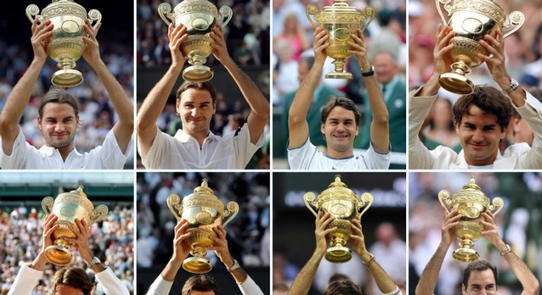 Combination picture shows Switzerland's Roger Federer holding up the Wimbledon Championships men's singles trophy after winning each of his eight titles