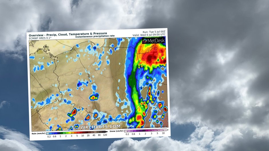 W środę pojawią się opady i burze, ale pokaże się też słońce (mapa: wxcharts.com)