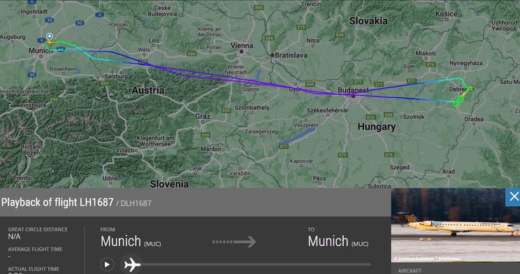  A Fligftradar is mutatja, hogy a Lufthansa járata Debrecenből elrepült Budapest felé, majd ott sem szállt le, hanemvisszament Németországba