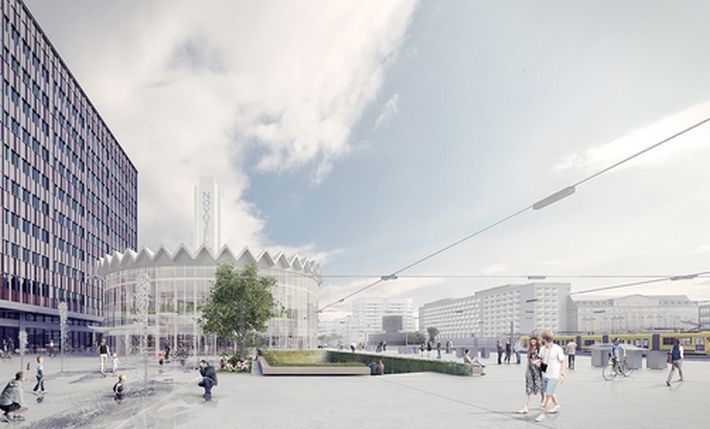 Funkcje bankowe w nowym budynku Rotundy zostaną zlokalizowane na parterze oraz pod powierzchnią ziemi, na poziomie -1. Do tego poziomu ma prowadzić zejście z zielenią po bokach.<br><br>Nowa Rotunda - wizualizacja -gowinsiuta