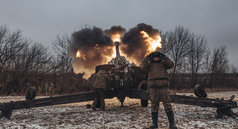 Ukrainian soldiers work in their artillery unit in the direction of Marinka, 15 January 2023.Diego Herrera Carcedo/Anadolu Agency via Getty Images