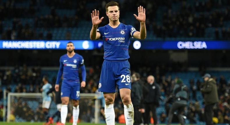 Cesar Azpilicueta acknowledges the fans after his Chelsea side were beaten 6-0 by Manchester City