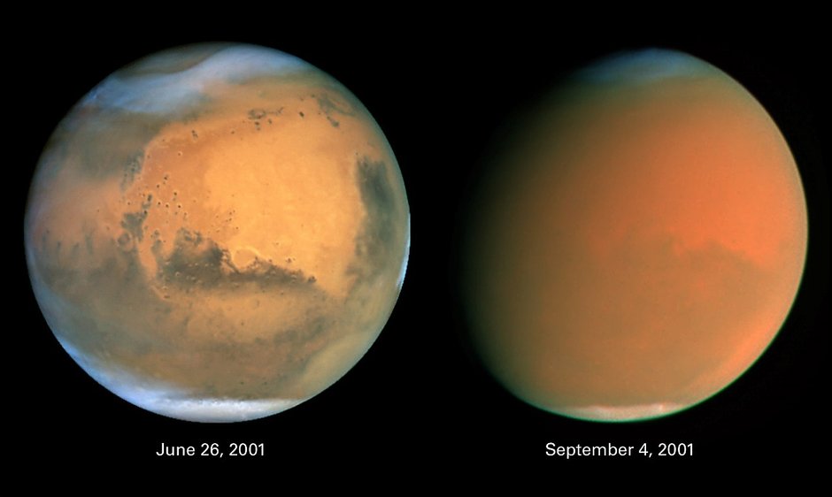 Mars w czerwcu 2001 roku i podczas burzy piaskowej we wrześniu 2001, zdjęcia Kosmicznego Teleskopu Hubble’a.