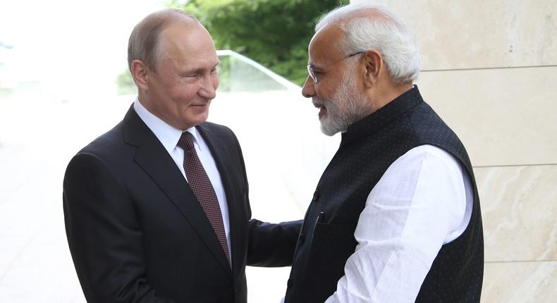 Indian Prime Minister Narendra Modi meeting Russian President Vladimir Putin in May 2018.