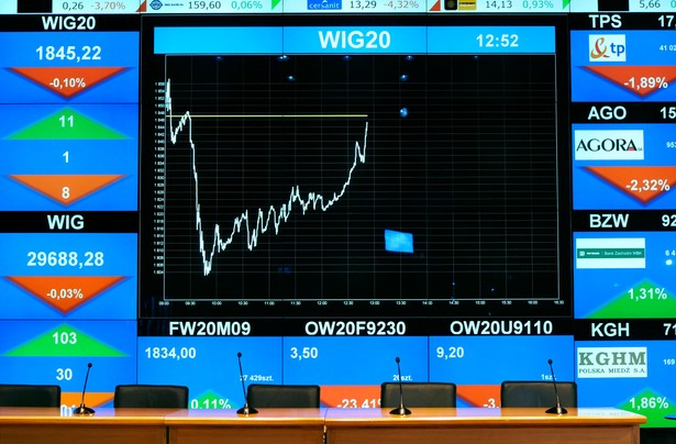 Spółki Kernel Holding oraz Petrolinvest mogą zastąpić Cyfrowy Polsat i Polimex-Mostostal w składzie indeksu największych spółek WIG20, oceniają analitycy Domu Maklerskiego BZ WBK. Na zdj. Ekran z wykresem na GPW fot. John Guillemin/Bloomberg News