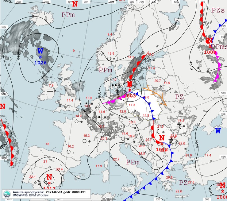 Mapa synoptyczna 1.07.2021, godz. 00 UTC