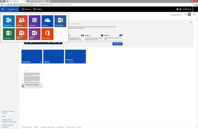 OneDrive otwarty na stronie internetowej - wspólpracuje z pakietem Office