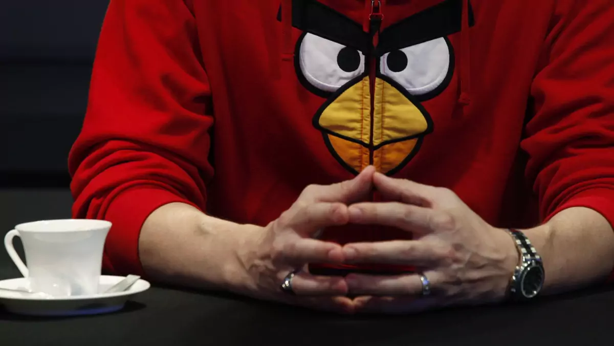 Rovio Entertainment Senior Vice-President Holm wears Angry Birds jacket during news conference in Hong Kong