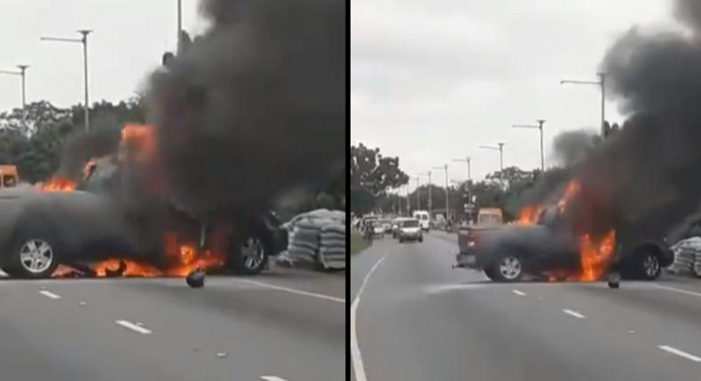 Video: Toyota Tundra catches fire after crashing with Okada on Legon Bypass