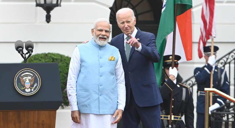 President Joe Biden and Indian Prime Minister Narendra Modi attend an arrival ceremony on the South Lawn of the White House.Chen Mengtong/China News Service/VCG via Getty Images