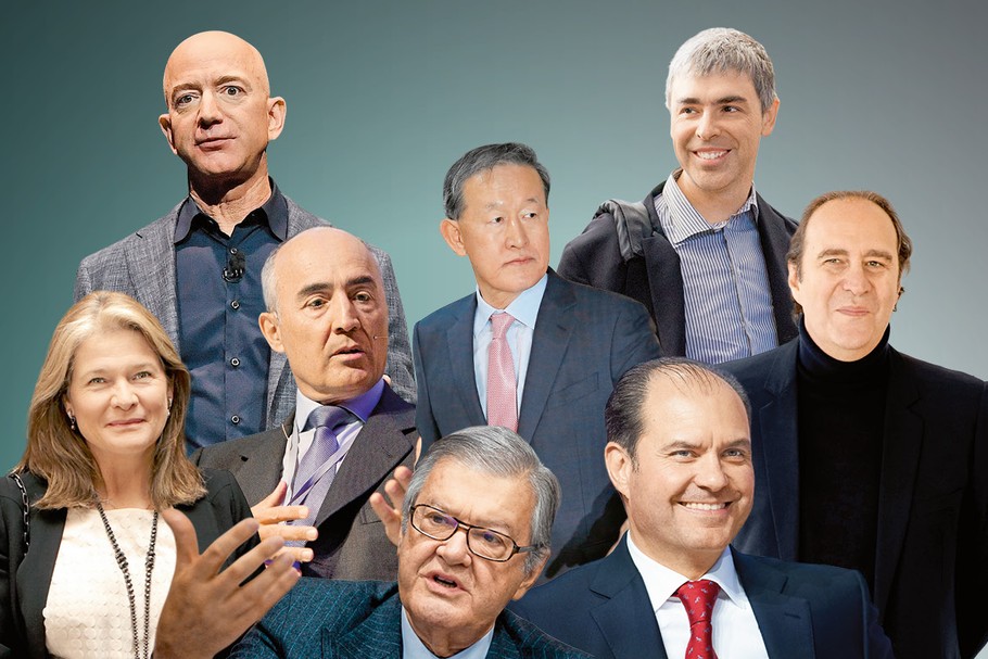 Globalni milarderzy. U góry od lewej: Jeff Bezos, Chang-Soo Huh, Larry Page, Charlene de Carvalho-Heineken, Rafael del Pino Calvo-Sotelo, Andre Soares Dos Santos, Carlos Fernández González, Xavier Niel