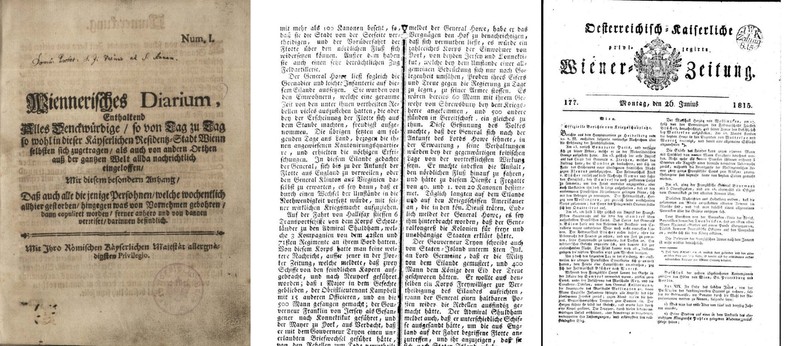 Na zdjęciach od lewej: 1. Pierwsze wydanie Wiener Zeitung, pierwotnie nazwanej Wiennerishes Diarium, ukazało się 8 sierpnia 1703 r. Gazeta zobowiązywała się do kronikarskiego zapisu "wszystkiego, co ważne". 2. W sierpniu 1776 r. gazeta poinformowała, choć dopiero na drugiej stronie, że brytyjskie kolonie w Ameryce ogłosiły niepodległość. 3. Relacja z bitwy pod Waterloo w czerwcu 1815 roku. Korespondent zauważył, że "żadna ze stron nie brała prawie żadnych jeńców".