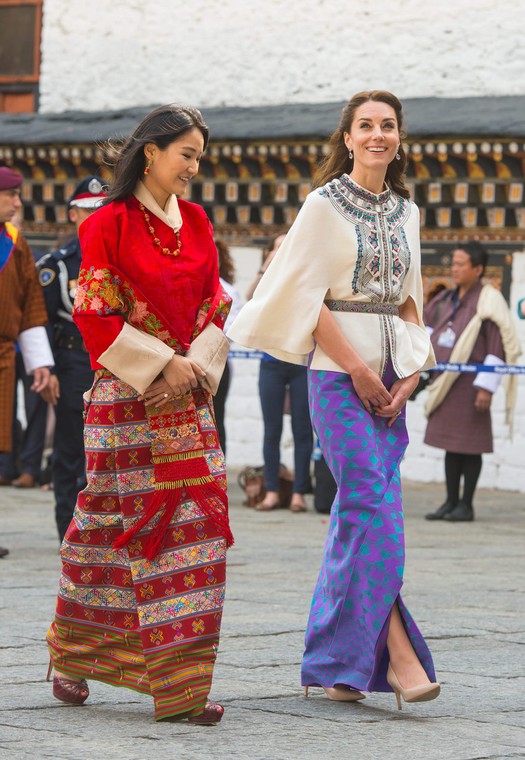 The Duchess of Cambridge with Queen Jetson Pema of Bhutan at Tashicho Disong in Thimphu, Bhutan on the fifth day of her royal tour of India and Bhutan.