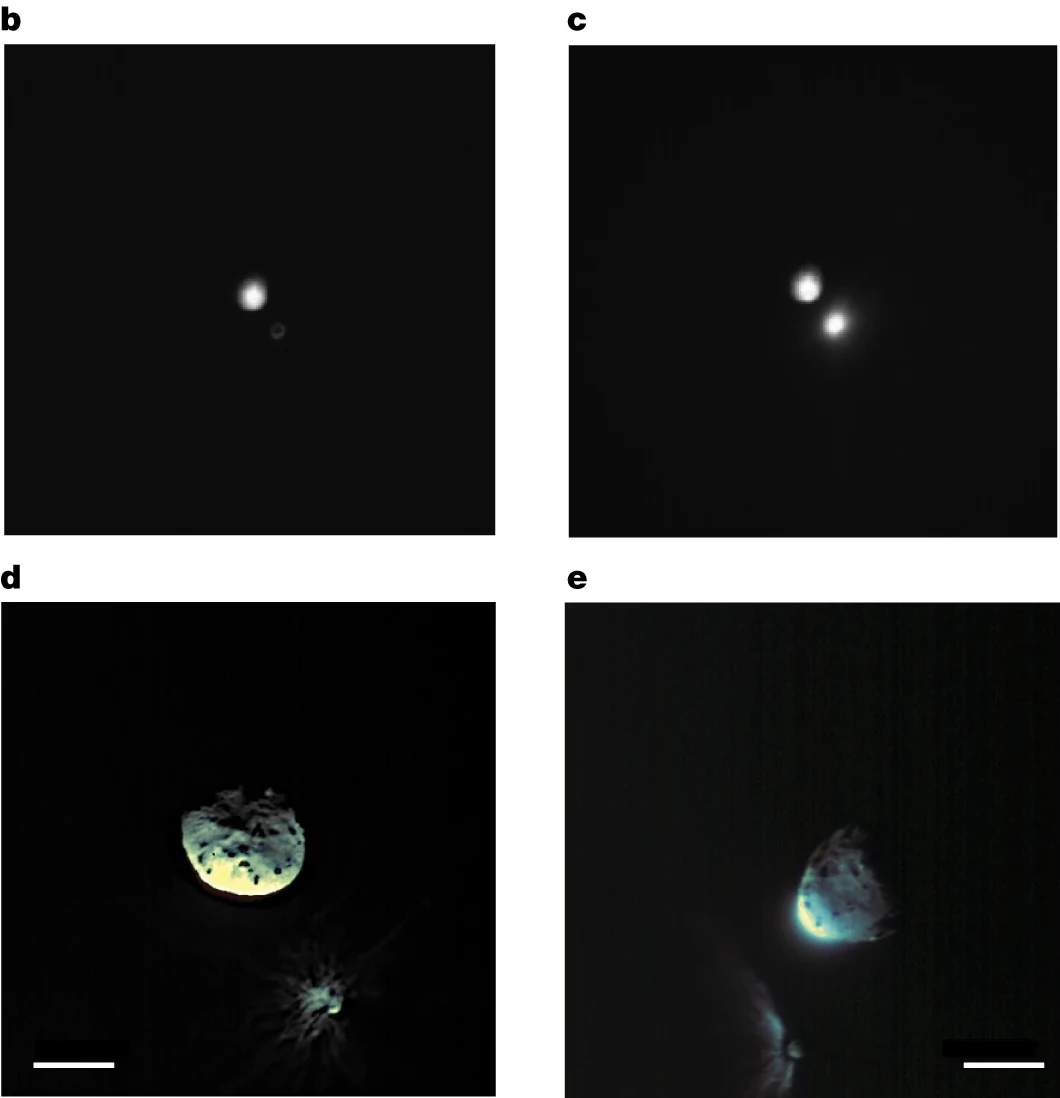 Asteroidy Dimorphos i Didymos – przed (b) i po uderzeniu (c, d, e) widziane z sondy LICIACube
