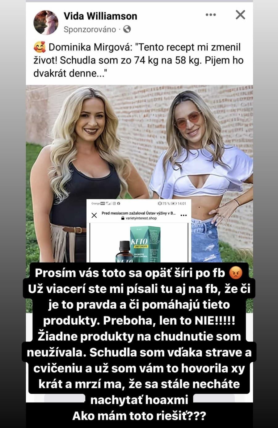 Dominika Mirgová upozorňuje svojich fanúšikov na podvod.
