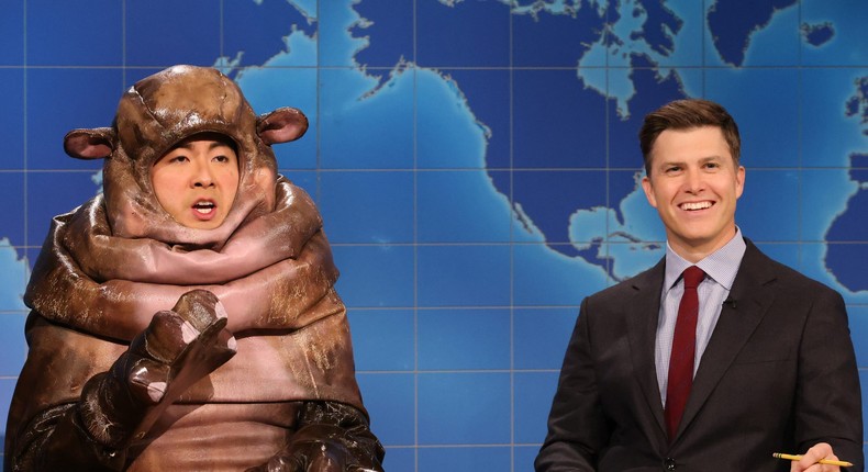 Bowen Yang dressed as the internet-famous baby hippo, Moo Deng, and Colin Jost on the September 28th episode of Saturday Night Live.Will Heath / NBC via Getty Images