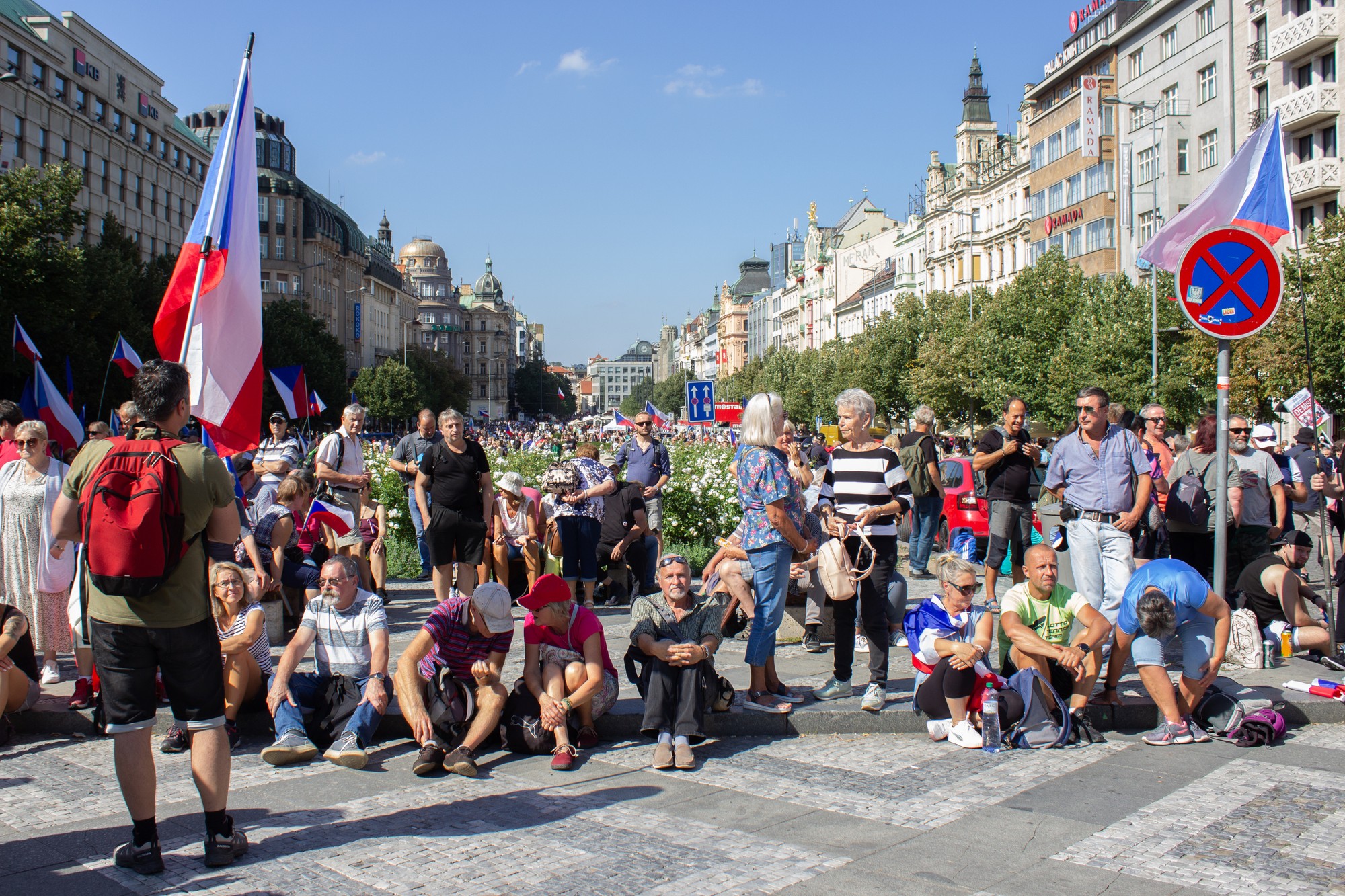 Demonštranti na proteste Česko proti vláde na Václavskom námestí v Prahe.