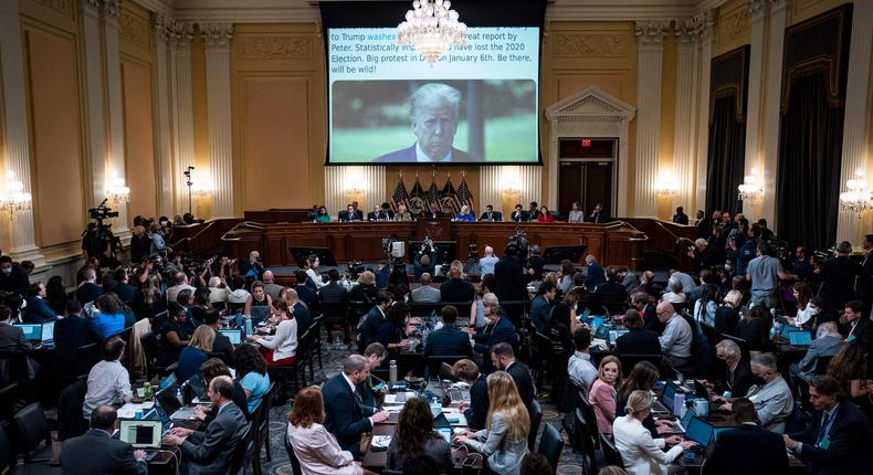 A tweet from former President Donald Trump is shown on a screen at a hearing held by the Select Committee to Investigate the January 6th Attack on the U.S. Capitol on June 09, 2022 on Capitol Hill in Washington, DC.