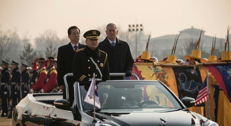 US Defense Secretary James Mattis (R) attends an honour guard ceremony with his South Korean counterpart Han Min-Koo (L) at the Defense Ministry in Seoul on February 3, 2017