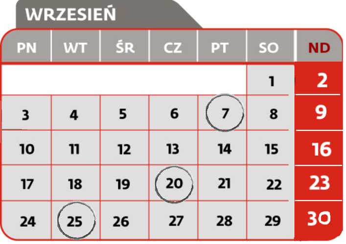 <strong>7 września</strong>

<br>Termin złożenia deklaracji CIT-7

<br>Termin przekazania przez płatnika, o którym mowa w art. 26 ust 1 CIT, pobranego zryczałtowanego podatku
<br>Termin przekazania przez płatnika podatku od należności wypłaconych osobom niemającym w RP miejsca zamieszkania/siedziby z tytułu art. 21 ust 1 i art. 22 ust 1 CIT
<br>Termin płatności podatku w formie karty podatkowej
<br>Termin wpłaty pobranego przez płatnika podatku PCC, SD
<br>Termin złożenia przez płatnika deklaracji: PCC-2, SD-2<br><br>

<strong>20 września</strong>
<br>Termin złożenia informacji CIT-ST
<br>Termin płatności zaliczki CIT
<br>Termin płatności zaliczki CIT w formie uproszczonej
<br>Termin płatności zaliczki PIT wg skali podatkowej
<br>Termin płatności zaliczki PIT podatek liniowy
<br>Termin płatności zaliczki PIT w formie uproszczonej
<br>Termin płatności zaliczki PIT przez podatników uzyskujących dochody bez pośrednictwa płatnika
<br>Termin płatności ryczałtu od przychodów ewidencjonowanych
<br>Termin wpłaty pobranych przez płatnika zaliczek PIT i zryczałtowanego podatku PIT od kwot wypłaconych<br><br>
<strong>25 września</strong>
<br>Termin złożenia informacji VAT-27
<br>Termin złożenia deklaracji VAT-7
<br>Termin złożenia deklaracji VAT-8 - przy wewnątrzwspólnotowym nabyciu powyżej 10000 Euro
<br>Termin złożenia deklaracji VAT-9M
<br>Termin złożenia deklaracji VAT-12 w zakresie usług taksówek osobowych opodatkowanych w formie ryczałtu
<br>Termin złożenia deklaracji VAT-13 - rozliczenie transakcji wewnątrzwspólnotowych dostaw towarów podatników, którego dokonuje przedstawiciel podatkowy w imieniu własnym i na rzecz podatników
<br>Termin płatności podatku VAT
<br>Termin złożenia deklaracji VAT-UE WYŁĄCZNIE drogą elektroniczną