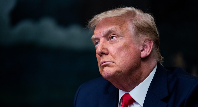 Then-President Donald Trump speaks in the Diplomatic Room of the White House on Thanksgiving on November 26, 2020 in Washington, DC.