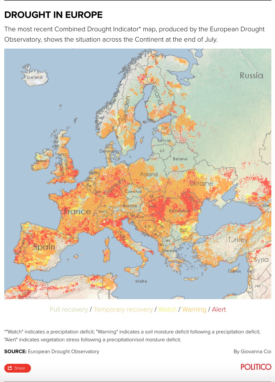 Skutki suszy w Europie. Kolor czerwony oznacza "alarm", pomarańczowy: "stan ostrzegawczy"