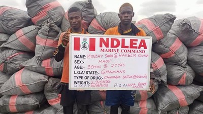 NDLEA arrests 2 Ghanaians with 5,344kgs imported skunk consignments in Lagos. [Facebook:NDLEA]