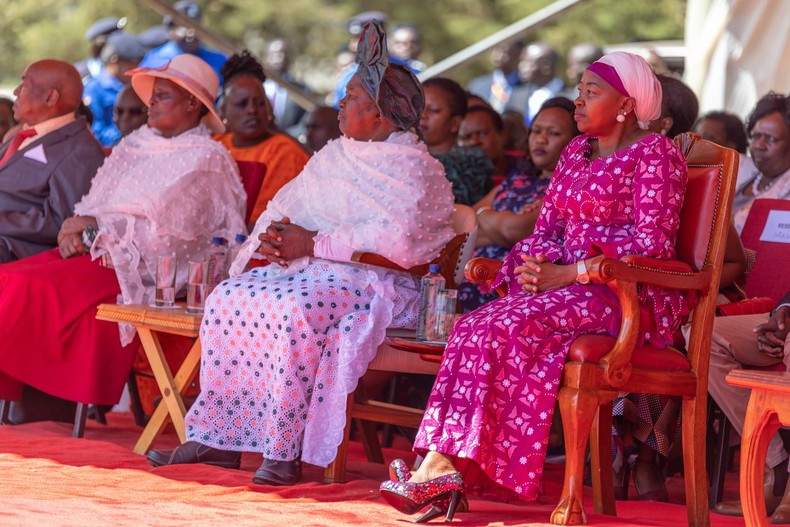 First Lady Rachel Ruto with President William Ruto's mother Sarah Samoei during a church service at Kamagut, Uasin Gishu County on October 23, 2022
