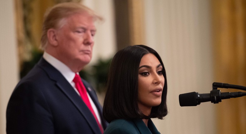 Kim Kardashian speaks alongside US President Donald Trump during a second chance hiring and criminal justice reform event in the East Room of the White House in Washington, DC, June 13, 2019.