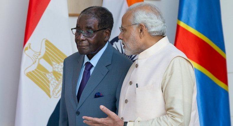 Indian Prime Minister Narendra Modi and Zimbabwean President Robert Mugabe at the India Africa Forum Summit 2015 