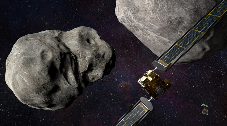 A NASA kettős aszteroida eltérítési tesztje (Double Asteroid Redirection Test – DART) tavaly ősszel sikeresen zárult, mert a Dimorphos aszteroidába csapódó DART műhold (neve magyarul, ha nem rövidítésként használjuk, dárdát jelent) sikeresen új irányba terelte az kis égitest haladását. Bebizonyosodott, hogy képesek vagyunk megvédeni magunkat a veszélyes aszteroidáktól az ütközési energiát kihasználva. / Fotó: NASA