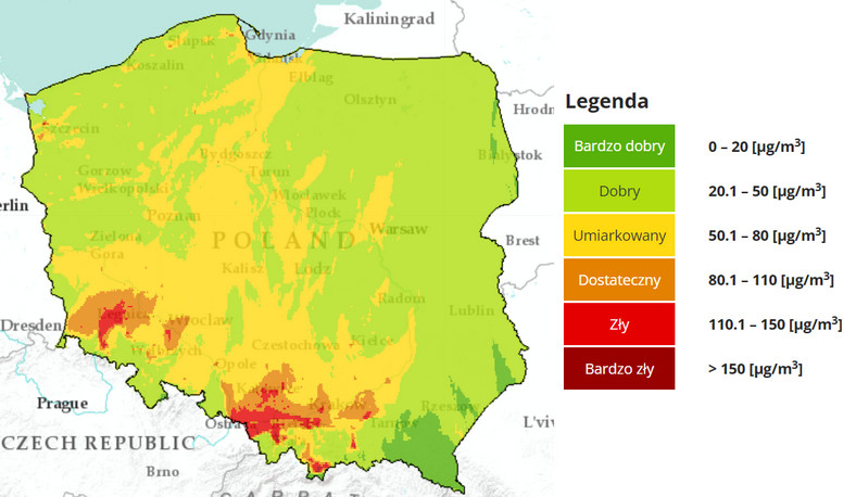 Prognoza stężenia pyłu zawieszonego PM10 we wtorek