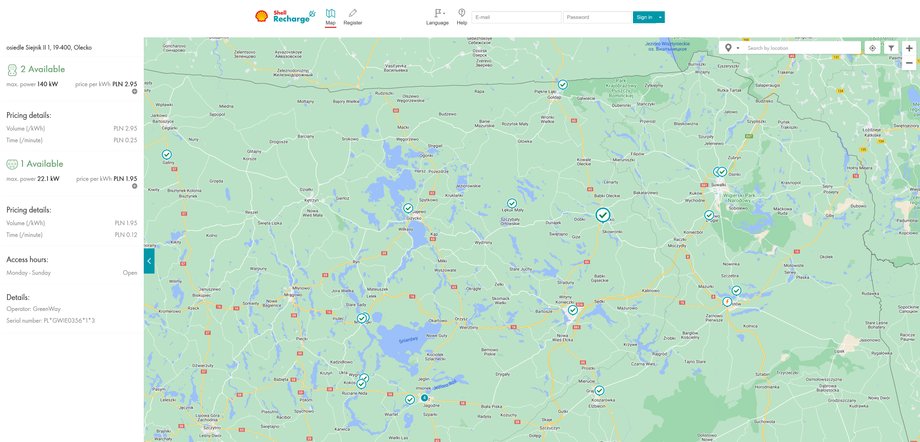 W porównaniu z Europą Zachodnią, Polska to ładowarkowa pustynia, a na tym tle Mazury wypadają jeszcze gorzej. Miejsc do ładowania jest jak na lekarstwo i to nawet, jeżeli do tych pokazanych w aplikacji Shella dodamy inne punkty, np. Orlenu. Sytuacja nie za bardzo się zmieni.