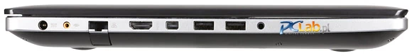 Lewa strona: gniazdo zasilania, wyjście subwoofera, RJ-45, HDMI, mini-DisplayPort, 2 × USB 3.0, gniazdo audio